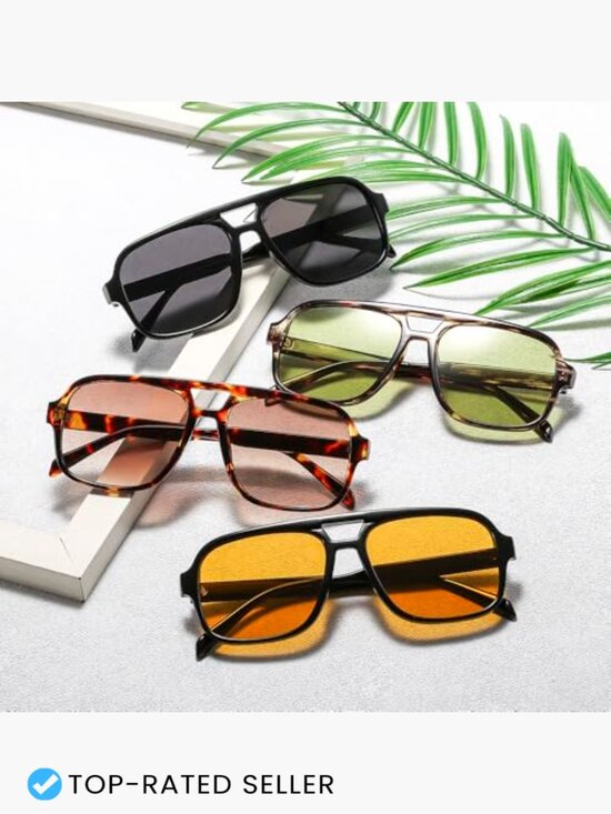 4 Pairs Retro 70s Square Aviator Sunglasses Oversized Vintage Double Bridge